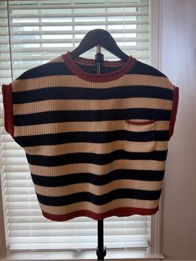 Striped Knit Cap-Sleeve Sweater in Navy and Cream with Rust Trim Size XS